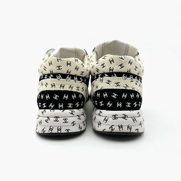 CHANEL 2022 All Over CC Black White Low Top Sneakers Size 38 Logo Lace Up Suede - Picture 6 of 13